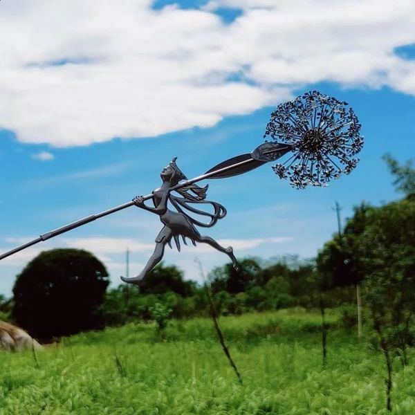 Fées décoratives de jardin et pissenlits dansent ensemble, décoration artistique de jardin en métal, Sculpture de paysage de pelouse, décoration de lutins 240314