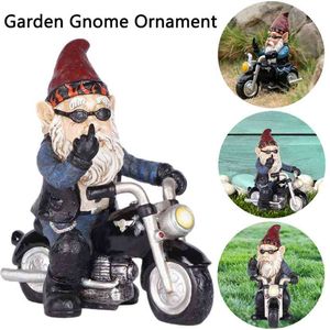 Nain de jardin Ornement Sculpture amusante Décor Vieil homme avec une moto Statues pour intérieur extérieur Maison ou bureau Cadeau créatif 210804