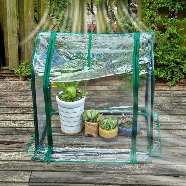 Jardín Invernadero Portátil Plegable Mini Invernaderos Transparentes PVC Habitación Cálida Cubierta de Protección de Alta Calidad con Estante de Hierro 240108