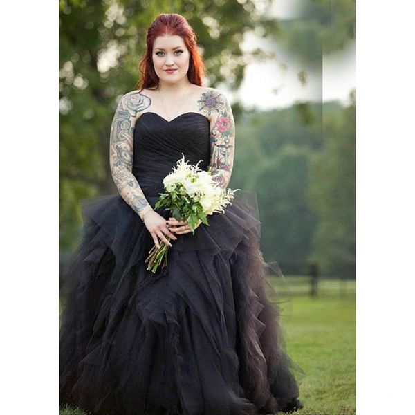 Robe de mariée noire à plis de jardin, grande taille, robe de bal gothique, en Tulle, à plusieurs niveaux, drapée, Corset, à lacets, 276k