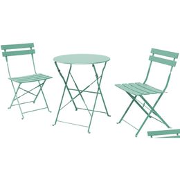 Ensembles de jardin Sr Steel Patio Bistro Set Mobilier d'extérieur pliant 3 morceaux de table et de chaises pliables Aron Blue Drop Delivery Home Dhia8