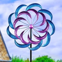 Garden Wind Spinner Purple and Blue Stage Double Powered Metal Outdoor Decor 240425