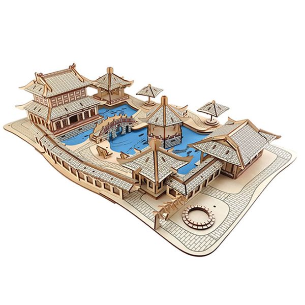 Bloc Puzzle Jardins de Suzhou Grand Puzzle 3D en Bois Construction Blocs de Construction Chinois Puzzles DIY Jouet Éducatif Enfants Cadeau d'Anniversaire