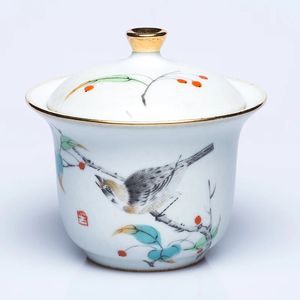 Gardon Bird Gaiwan four Antique soupière à thé peint à la main motif d'oiseau tasse à thé avec couvercle en céramique émail thé accessoires de cérémonie