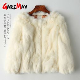 Garemay véritable veste de fourrure de lapin pour femmes à manches longues plus la taille de la taille de la courage de la véritable peluche de lapin de la peluche