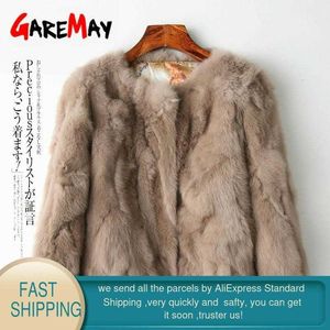 Garemay réel lapin fourrure veste pour femmes à manches longues plus taille pardessus femme court réel manteau de lapin femme chaud manteaux en peluche Y0829