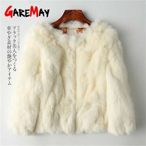 Garemay Real Rabbit bont jas voor vrouwen lange mouw plus size overjas vrouwen korte echte konijn jas vrouwelijke warme pluche jassen 211122
