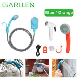 GARLLEN Kit de buses de douche rechargeables USB portables Pommeau de douche portable Ensemble de douche de camping en plein air avec tuyau de pompe à crochet H1209