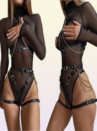 Garters Fashion Faux Cuir Harnais Garter Belt Sexy Femmes Stocking Suspender Body Bondage Hip Cage Taies Metal Chains Sword5883487