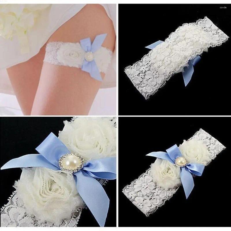 Ligas Prom Sexy Nupcial Azul Satén Florista Blanco Perla Liga Encaje Bowknot