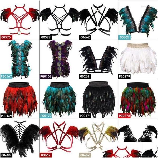 Ligas Plumas blancas Falda Arnés de cintura alta Burning Man Festival Rave Mujeres Cuerpo Sujetador con tiras Pastel Goth Art Ropa Ajustar Drop Dhulo