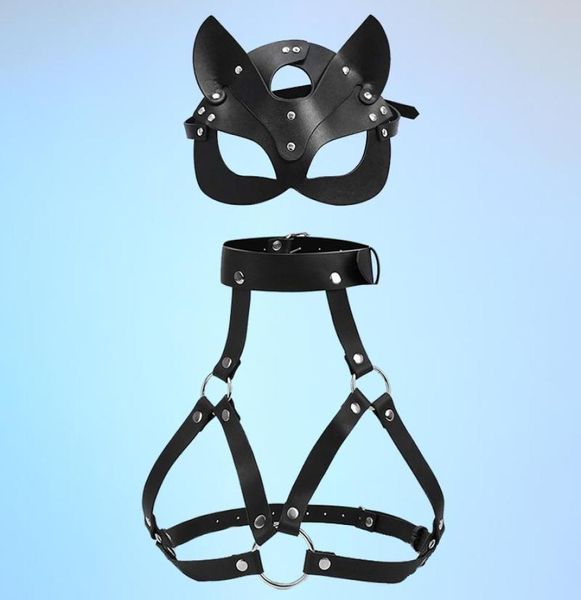 Ligas para mujer, arnés de cuerpo Bondage, lencería gótica, Tops cortos, sujetador tipo jaula, cinturón de cuero con máscara, ropa Rave para sexo Set8643237