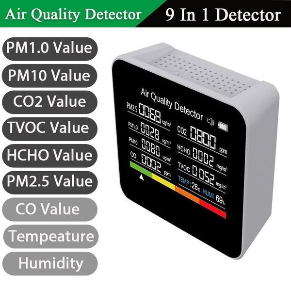 Medidores de gas 9 en 1 Monitor de calidad del aire Medidor de CO2 Detector de dióxido de carbono CO2 CO TVOC HCHO PM2.5 PM1.0 PM10 Detección de temperatura y humedad 230520