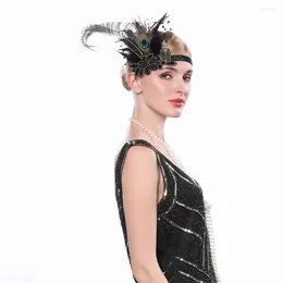 Gatsby – bandeau en plumes pour femmes, Style bohémien, élastique, décorations frontales, accessoires de carnaval en perles noires
