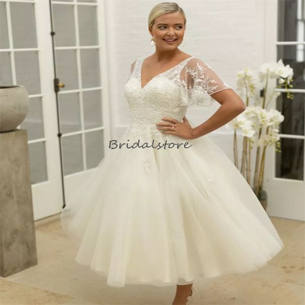 Gatsby Hippies Boho Robe De Mariée Plus Ivoire 2024 Sexy Col En V Cap Manches Thé Longueur Plage Robe De Mariée Applique Dentelle Courte Bohème Vestio Novias Robes Courtes Celtique