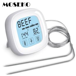 Jauges 2 sondes MOSEKO Thermomètre de four à écran tactile Cuisine Cuisson des aliments Sonde d'huile de viande Grill BBQ Minuterie Rétro-éclairage Thermomètres numériques