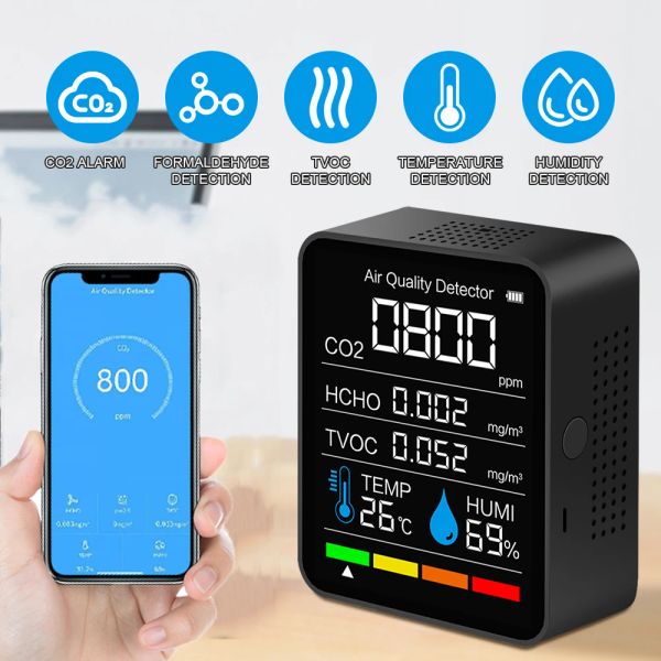 Gauges Bluetooth 5 IN1 CO2 Détecteur Température numérique Humidité Capteur Capteur Air Qualité de la qualité du carbone Dioxyde TVOC HCHO Analyseur