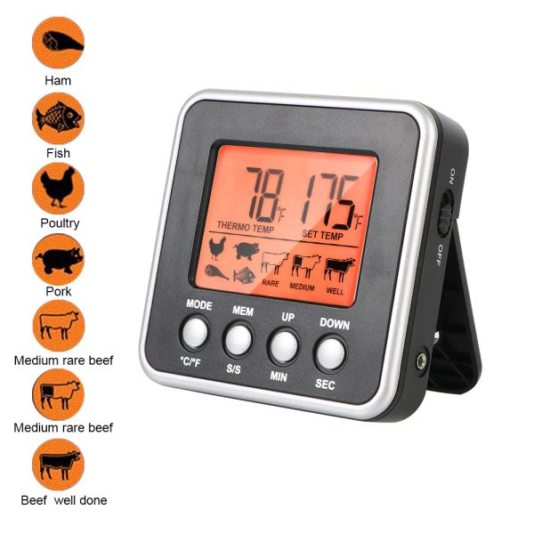 Jauges thermomètre à viande numérique thermomètre avec minuterie sonde à viande LCD rétro-éclairage affichage BBQ cuisine cuisson des aliments outils de cuisine