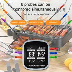 Jauges Thermomètre à viande sans fil numérique à six sondes pour viande eau nourriture barbecue four lait cuisson cuisine BBQ minuterie alarme de température