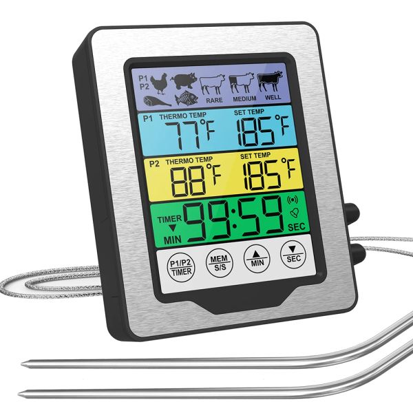 Medidores Termómetro digital de doble sonda para cocinar carne, retroiluminación LCD, termómetro para parrilla de alimentos con modo de temporizador para ahumador, cocina, horno, barbacoa