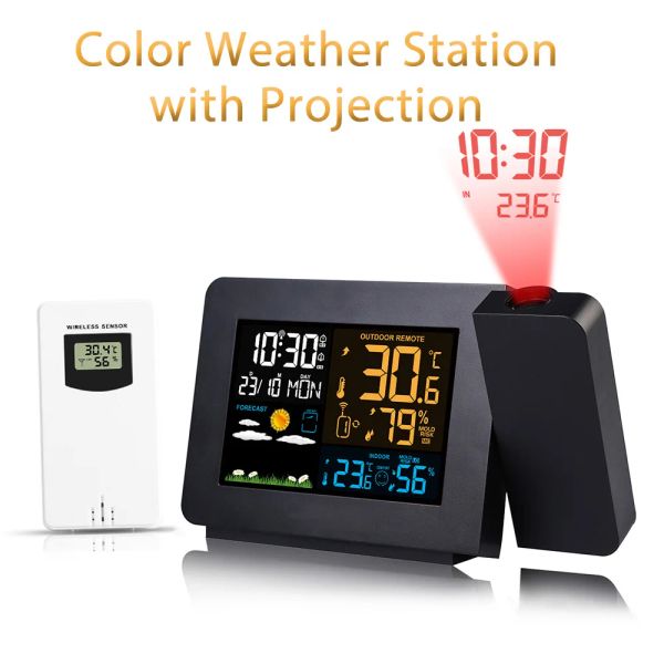 Gauges Hygromètre intérieur et extérieur Hygromètre Multifonction Projection Color Screen Weather Station avec capteur extérieur sans fil