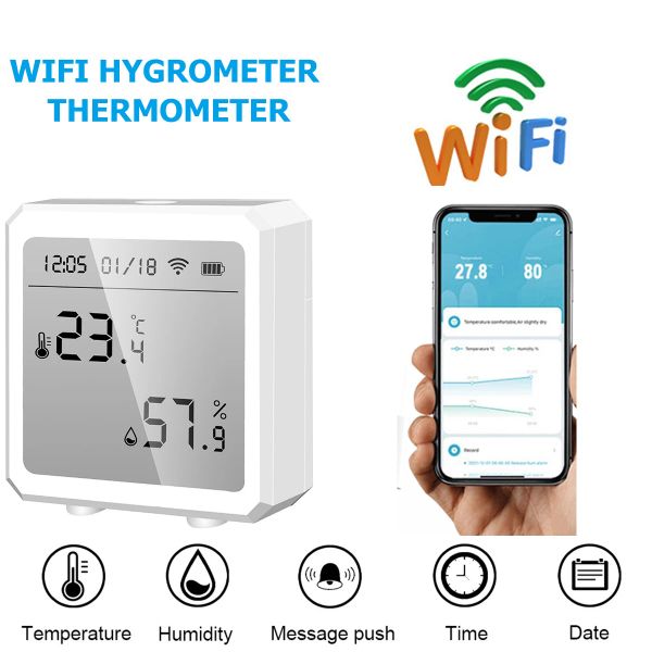 GAUGES WiFi Hygromètre Thermomètre Monitor d'humidité sans fil avec alertes d'application Capteur d'humidité extérieure intérieure Alexa Google Assistant
