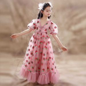 Robe de dentelle pour enfants de gaze paillettes filles rose robe de princesse fraise robe de performance de piano robes de bébé pour les enfants Q0714