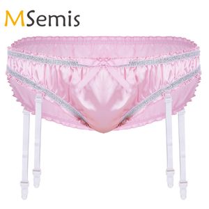 Gay Mens Sexy Garters Lingerie Underwear Shiny Satin Panties for Men Ruffled Lined Sissy Panties Triangle Briefs String Homme