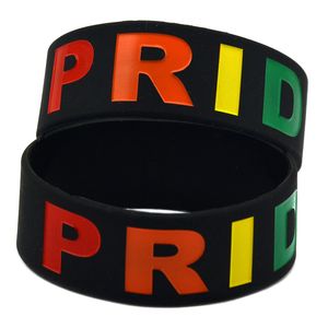 50 stks Gay Pride One Inch Brede Silicone Armband Black Adult Grootte Debossed en ingevuld in Rainbow Colors Logo