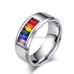 Anneau gay en acier inoxydable arc-en-ciel Crystal Bands pour couple hommes femmes femmes bijoux de mode Valentin Cadeau