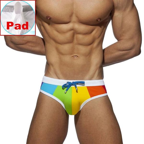 Traje de baño Gay para hombre, bañadores con realce de arcoíris, ropa interior Sexy para hombre, bañadores, Bikini de playa, Shorts246E