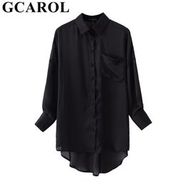 GCAROL nouvelles femmes noir asymétrique longue Blouse 30% coton décontracté haute rue surdimensionné Girlsbottoming chemise Chic hauts 210317