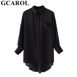 GCAROL Femmes Noir Asymétrique Longue Blouse 30% Coton Casual High Street Surdimensionné Girlsbottoming Chemise Chic Tops 210401