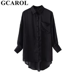 GCAROL Femmes Noir Asymétrique Longue Blouse 30% Coton Casual High Street Surdimensionné Girlsbottoming Chemise Chic Tops 210326