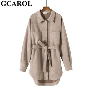 GCAROL Femmes Trench Velours Asymetrique Avec Ceinture Simple Boutonnage Drop Shoulder 2 Poches Lâche Longueur Moyenne Printemps Automne Hiver 210914