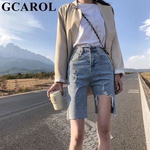 GCAROL Femmes Haute Élastique Taille Slim Denim Jeans Stretch Ripped Burrs Conception 5 Points Court Sexy D'été Printemps Plus La Taille Shorts T200701