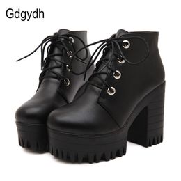 GGGYDH Merk Designers 2018 Nieuwe Lente Herfst Vrouwen Schoenen Zwart Hoge Hakken Laarzen Lacking Platform Enkellaarzen Chunky Maat 35-39