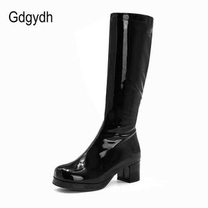 GGGYDH Dames Patent Lederen Laarzen 2021 Herfst Winter Hoge Hak Platform Mid Calf Boots voor Dames Kleurrijke Mode Licht PU Laarzen Y0914