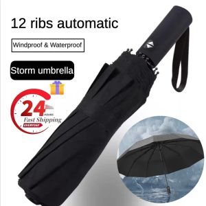 Gear 12 Ribs Strom Versterkte Automatisch grote opvouwbare paraplu Waterdichte winddichte sterke zonnige en regenachtige grote paraplu's voor mannen