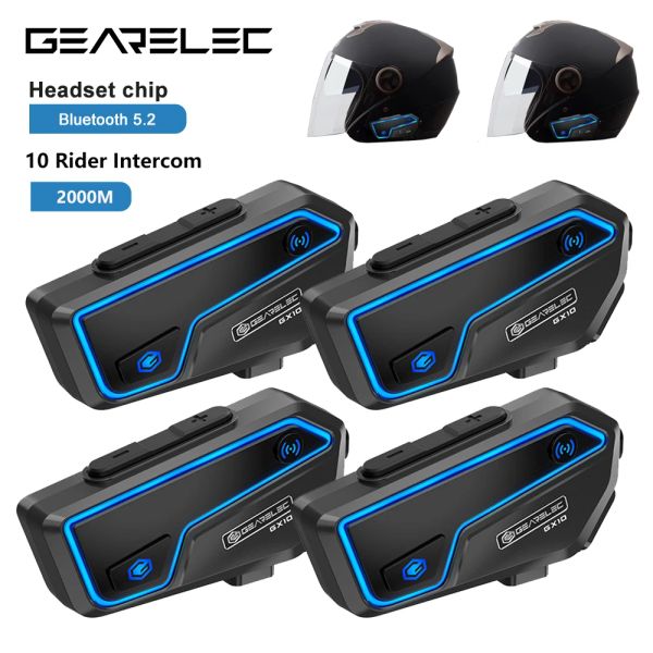 GearElec GX10 para 10 pasajeros Intercom Motocicleta Bluetooth Headsets Bt Motorbike Headset con altavoz de radio FM