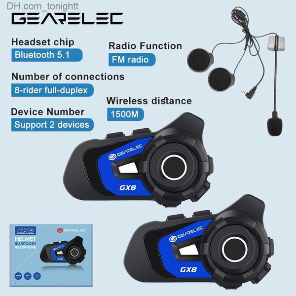 GEARELEC GX8 Intercomunicador de motocicleta Casco Bluetooth Auricular Altavoz 8 Jinete 1.5 km Moto Comunicador Música Compartir FM Interfono Q230830