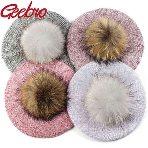 Geebro Nieuwe Fashion Women Angora Rabbit Beret 15 cm Real Ball Pom Poms Vrouwelijke motorkap Caps Winter Warm Walking Hats Beanie Hat J220722