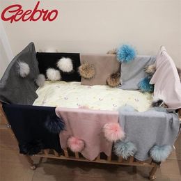 Geebro теплое шерстяное пеленальное одеяло для новорожденных с помпоном из натурального меха енота 15 см, детское дорожное спальное одеяло, постельные принадлежности 2010262361677
