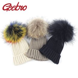 Geebro Soft Winter Real Fur Pompom -hoeden voor babyjongens meisjes peuter kinderen kinderen acryl geribbelde gebreide muts hoeden en caps y201024
