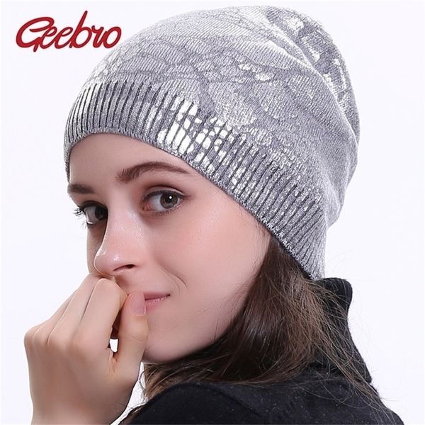 Geebro Femmes Couleur Métallique Bonnet Chapeau Hiver Couche Unique Tricoté Cachemire Slouchy Bonnets pour Femme Chapeaux Impression Skullies Y201024