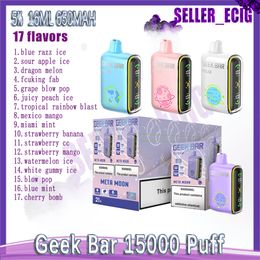 Geek Bar 15000 Puff Jetable Vape Pen Mesh Bobine 650mAh Batterie Rechargeable 16ml Pod Pré-rempli E Cigarette 17 Saveurs Livraison Rapide 5% 15K Puffs Vape kit