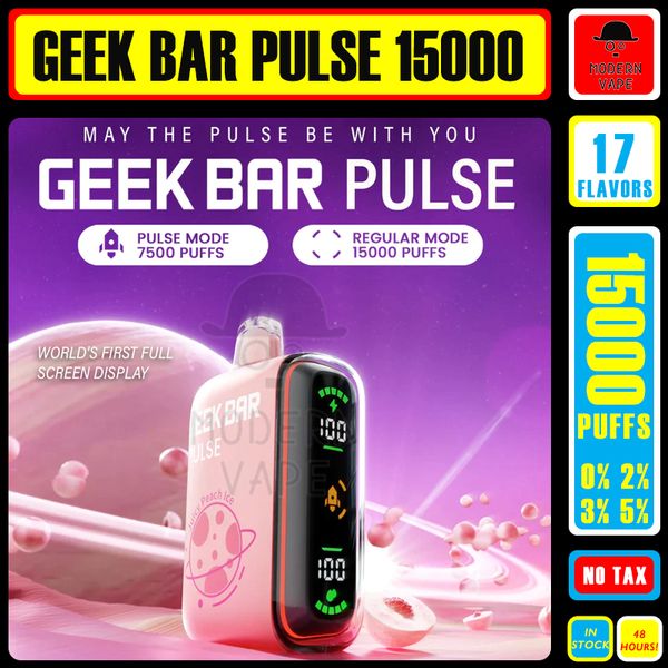 Geek Bar Pulse 15000 Puff Original Vape Pen jetable 5% Niveau 16ml Prérempli 650mAh Batterie rechargeable 17 Saveurs 15k Puffs Vapes Kit