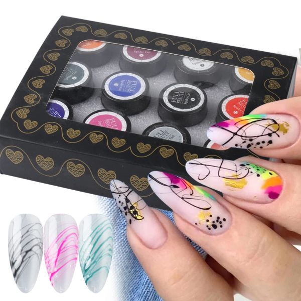 Gel 12pcs / ensemble peinture araignée fil de trou de vernis à ongles gel veille de varnis noire blanche laquer en soie dessin de la décoration créative manucure