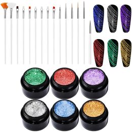 Gel 6 couleurs Spider Gel Ensemble de vernis à ongles paillettes Dessin UV / gel diamant à LED Gel multicolore avec pinceau de 15 pcs