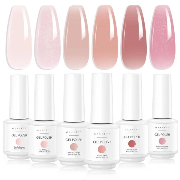 Gel Makartt esmalte de uñas de gel, jalea desnuda natural rosa láctea blanca glitter gel pulido gel 6pcs verano 8 ml de remojo de gel led